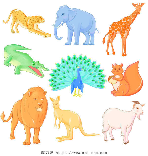 彩色扁平风卡通动物元素不同动物套图动物乐园png素材